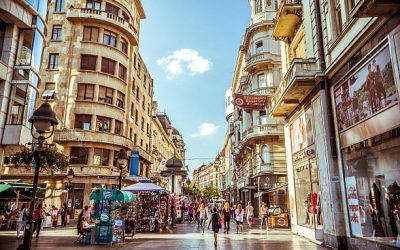Belgrade, Serbia - September 23, 2015: Knez Mihailova Street. Street is the main shopping mile of Belgrade. Filtered photo with warm summer lighting.